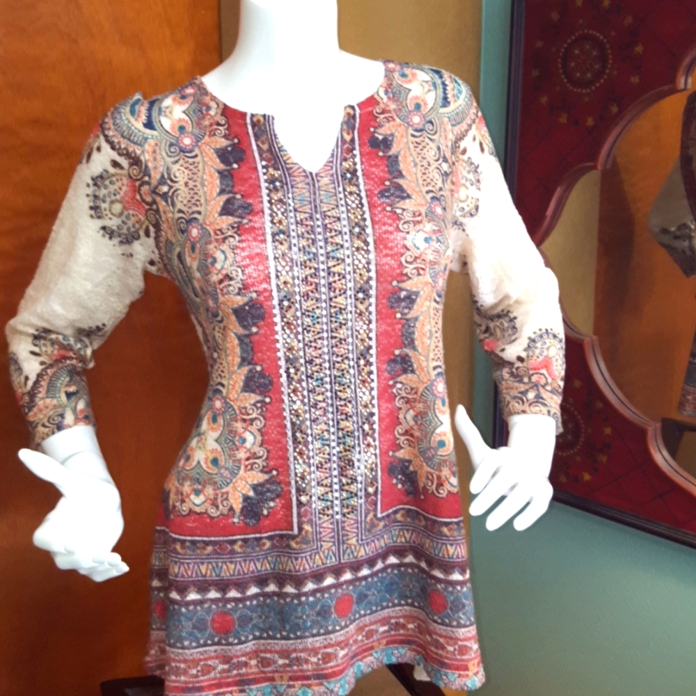 reba bandanna, print sparkly knit top